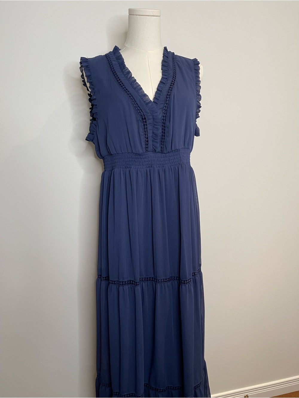 Cristina B Navy Royal Blue Maxi Ruffles Eyelet Dress Medium Cottagecore
